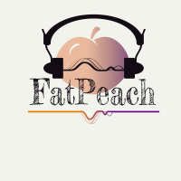 Black earphones on an orange and purple peach with sound waves going from ear to ear. A black FatPeach underneath with orange and purple sound waves underneath.